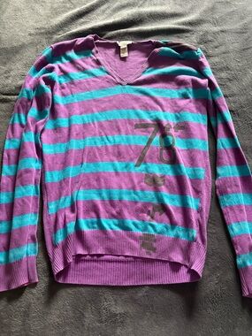 Diesel Purple V-Neck Sweater with Teal Stripe